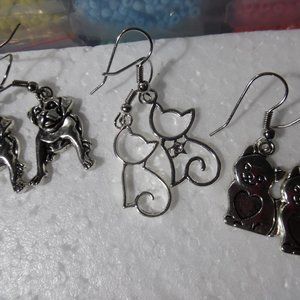 3 PAIR KITTY AND BULLDOG EARRINGS PIERCED NEW